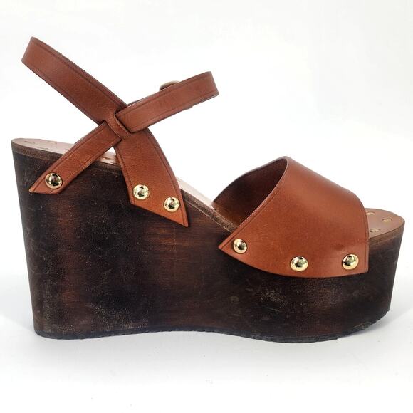 Celine Wooden Platform Wedge Sandals Tan Leather Gold Studs 37 (US 7) - Picture 3 of 17
